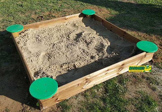 MS Deluxe public use wooden sandbox with anchors includes plastic seats
