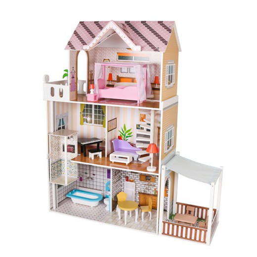 Laia Outdoor Toys Dollhouse Madeira e MDF 75x39x120 cm com luz LED 18 acessórios para móveis e 3 andares