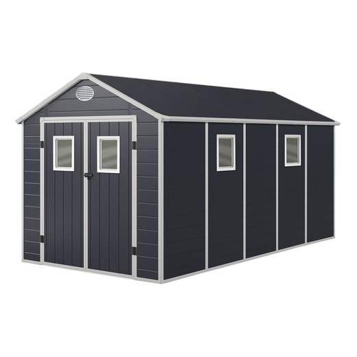 Gartenhaus aus Harz Gardiun Zoe E 11,04 m² 242x456x239 cm mit Boden Anthrazit Grau