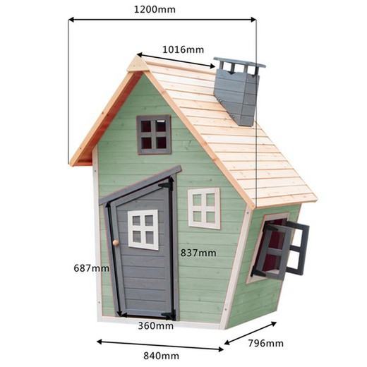 Houten kinderspeelhuis "Fantasy Green" 1,22 m2 buiten 1200 x 1020 x 1500 mm.