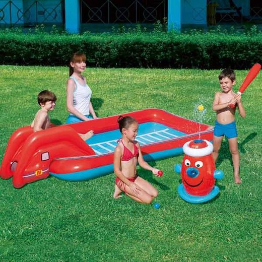 Inflatable Play Center with Slide, Ball Launcher, Inflatable Bat, 3 Balls. 251x124x51cm Age +3 Years. Bestway