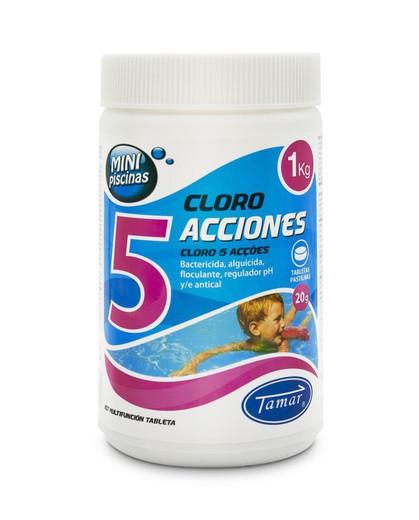 Chloor met 5 acties in tabletten van 20 gr. 1kg-container.