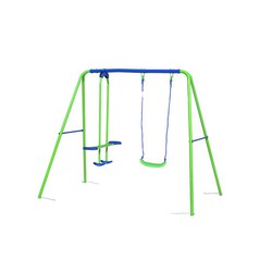 Baloiço de metal exterior infantil 1 assento e 1 gangorra Brinquedos de exterior 220x140x182 cm Azul e Verde 3-8 Anos