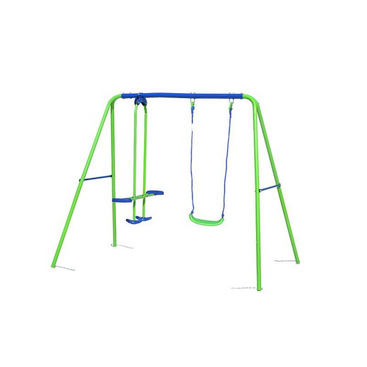 Dziecięca huśtawka metalowa na zewnątrz 1 siedzisko i 1 huśtawka na zewnątrz zabawki 220x140x182 cm niebieska i zielona 3-8 lat