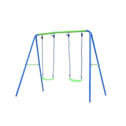 Columpio Infantil para Exterior de Metal 2 Asientos Outdoor Toys 220x138x182 cm Azul y Verde 3-8 Años