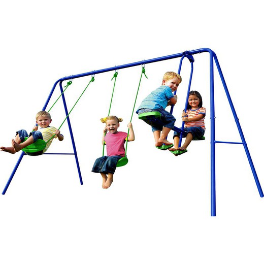 Dziecięca huśtawka metalowa na zewnątrz 2 siedziska i 1 huśtawka na zewnątrz zabawki 280x140x180 cm niebieska i zielona 3-8 lat