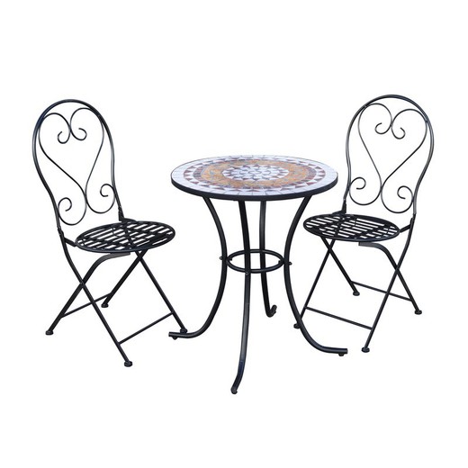 Set of Balcony Table and two Folding Chairs in Steel and Ceramic Mosaic
