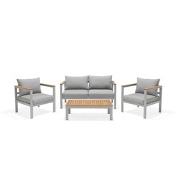 Hagesæt i aluminium og træ 1 sofa + 2 lænestole + 1 grå bord med hynder
