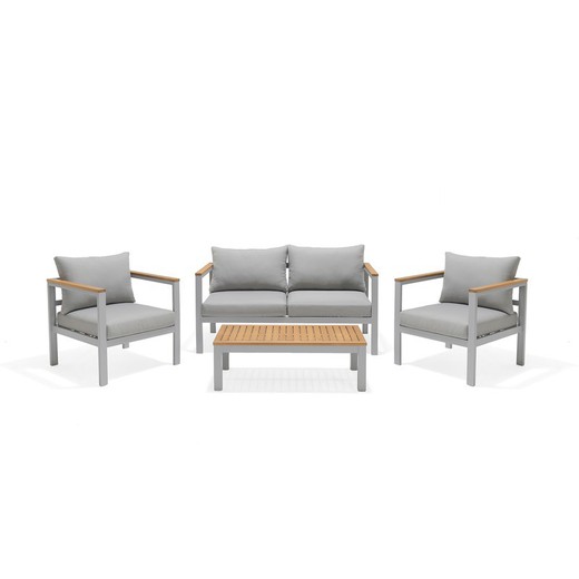 Hagesæt i aluminium og træ 1 sofa + 2 lænestole + 1 grå bord med hynder