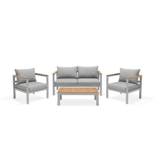 Conjunto de Jardín Aluminio y Madera 1 Sofá + 2 Sillones + 1 Mesa Gris con Cojines