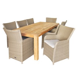 Ensemble de jardin en bois et résine 1 table + 8 fauteuils avec coussins