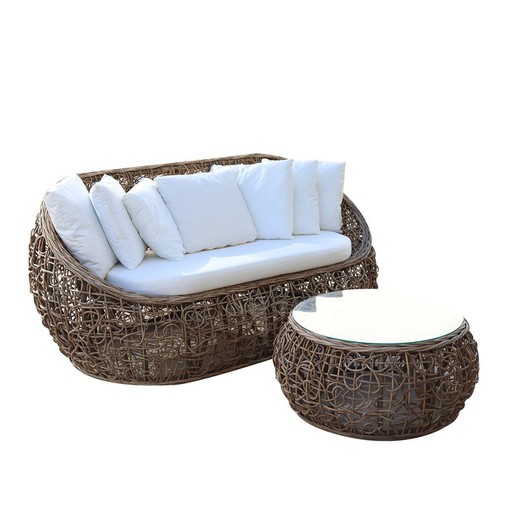 Conjunto de jardim de vime natural 1 sofá + 1 mesa com vidro