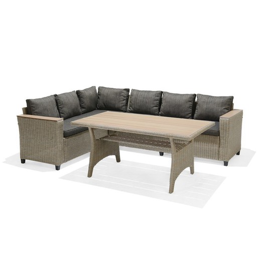 Garden Set Corner Sofa and Dining Table in Steel and Synthetic Rattan with Gray Cushions