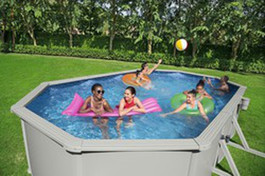 Löstagbar oval pool med förstärkt stålvägg Bestway Hydrium 610x360x120 cm med sandbehandlingsanläggning på 5 678 L/H, golvmatta, lock och stege