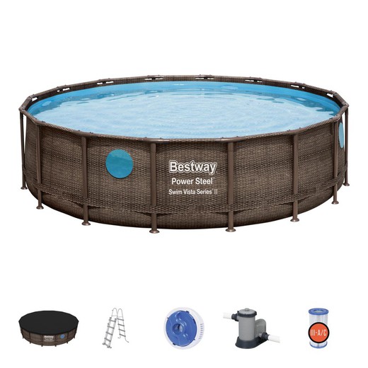 Detachable Tubular Pool Bestway Power Steel Rattan Design 488x122 cm with Filter Cartridge 5.678 L / H with Cover and Ladder
