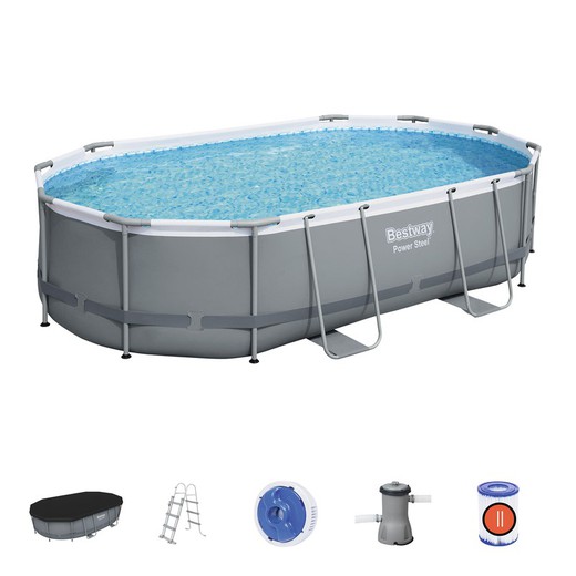 Aftagelig rørformet pool Bestway Power Steel Oval 488x305x107 cm med patronbehandlingsanlæg 3.028 L / H med låg og stige