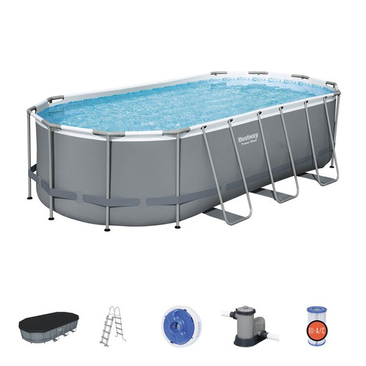 Removable Tubular Pool Bestway Power Steel Oval 549x274x122 cm with Cartridge Treatment Plant 5.678 L / H with Cover and Ladder