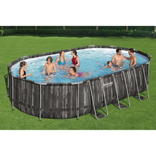 Bestway Power Steel Oval Tubular Detachable Pool Wood Design 610x366x122 cm with Sand Treatment Plant 5.678 L / H with Cover and Ladder