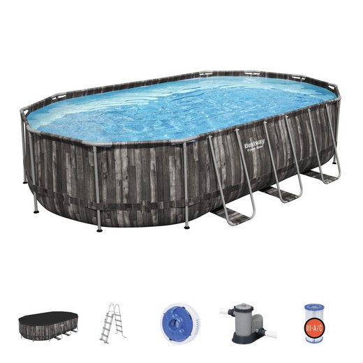 Removable Tubular Pool Bestway Power Steel Oval Wood Design 610x366x122 cm with Filter Cartridge 5.678 L / H with Cover and Ladder