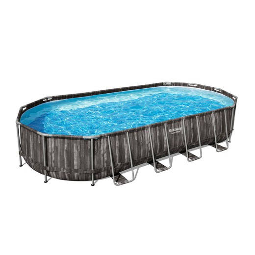 Afneembaar buisvormig zwembad Bestway Power Steel ovaal houtontwerp 732x366x122 cm met zandzuiveringsinstallatie 5.678 L / H met deksel en ladder