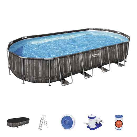 Abnehmbares Röhrenförmiges Pool Bestway Power Steel Eiförmig Holz-Design 732x366x122 cm mit Kartuschenreiniger9.463 L/S mit Abdeckung und Leiter