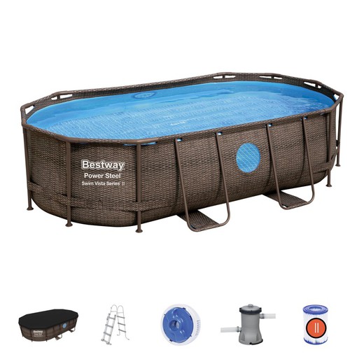 Bestway Power Steel Oval Tubular Detachable Pool Rattan Design 427x250x100 cm with Cartridge Treatment Plant 2.006 L / H with Cover and Ladder