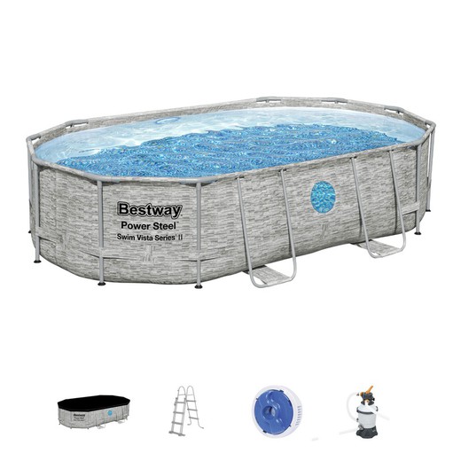 Detachable Tubular Pool Bestway Power Steel Oval Rattan Design 488x305x107 cm with Cartridge Treatment Plant 3.028 L / H with Cover and Ladder