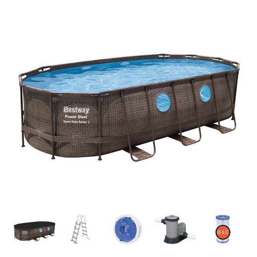 Removable Tubular Pool Bestway Power Steel Oval Rattan Design 549x274x122 cm with Cartridge Treatment Plant 5.678 L / H with Cover and Ladder