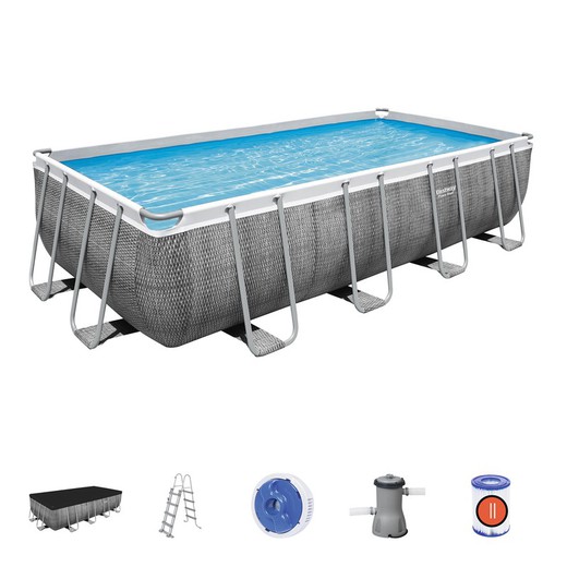 Afneembaar buisvormig zwembad Bestway Power Steel Rattan 488x244x122 cm met patroonzuiveringsinstallatie 3.028 L / H met deksel en ladder