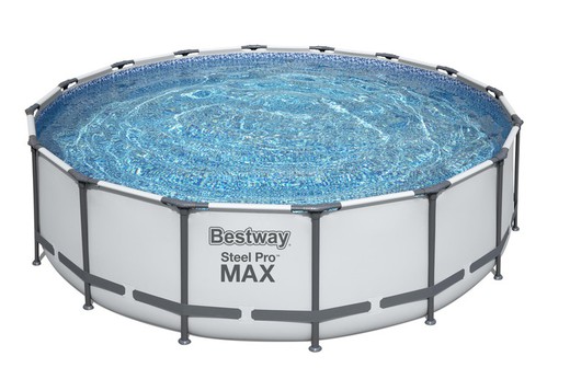 Abnehmbarer röhrenförmiger Bestway Steel Pro Max-Pool 427 x 122 cm mit Filterkartusche, 3.028 l/h, Abdeckung und Leiter