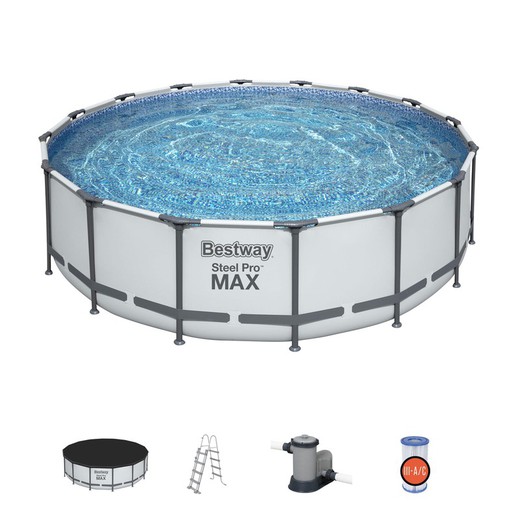 Abnehmbares Röhrenförmiges Pool Bestway Steel Pro Max 488x122 cm mit Kartuschenreiniger 5.678 L/S mit Abdeckung und Leiter 488x122 cm