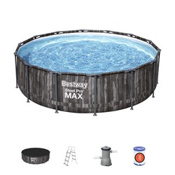 Avtagbar rörformad pool Bestway Steel Pro Max trädesign 427x107 cm med patronbehandlingsanläggning 3.028 L / H med lock och stege