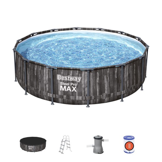Abnehmbares Röhrenförmiges Pool Bestway Steel Pro Max Holz-Design 427x107 cm mit Kartuschenreiniger 3.028 L/S mit Abdeckung und Leiter