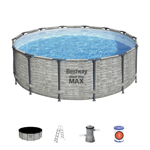 Detachable Tubular Pool Bestway Steel Pro Max Stone Design Ø427x122 cm Treatment Plant Cartridge 3,028 l/h Cover and Ladder