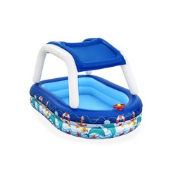 Bestway opblaasbaar kinderzwembad 213x155x132 cm blauwe boot met beschermend dak en roer met hoorn voor kinderen vanaf 3 jaar