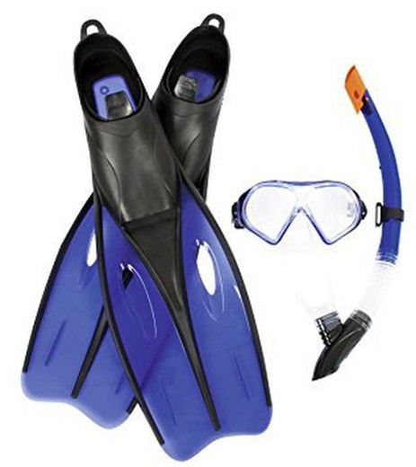 Set fins + snorkle tube + small diving mask, size fins 42-44 assorted colors.