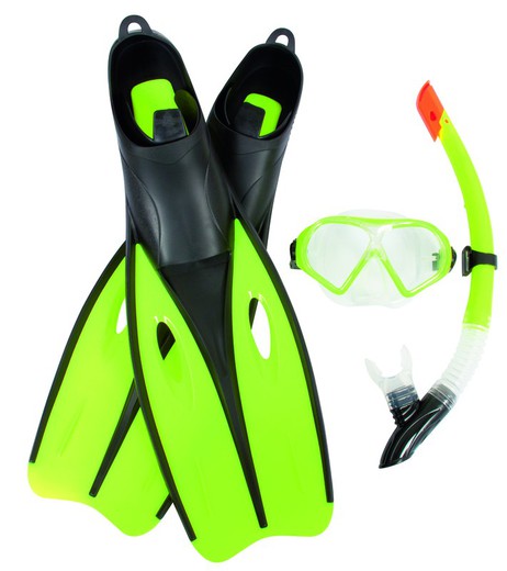 Dream diver snorkel set, fin size + snorkle tube + small diving mask, fin size 38-39 assorted colors.