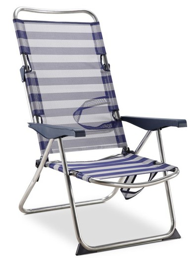 Chaise de plage et lit surélevé 4 positions avec poignées et stabilisateurs bleus et blancs