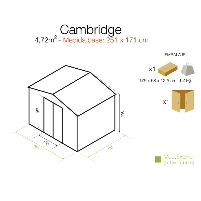 Caseta metálica Cambridge 4,72m2 - Cobertizo Jardín - Micasademadera