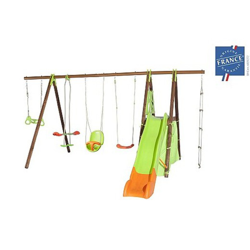 Altalena in legno e metallo 469x360x230cm, 1 altalena in plastica, 1  altalena doppia, altalena per bambini, scala in corda, anelli, scivolo. —  PoolFunStore