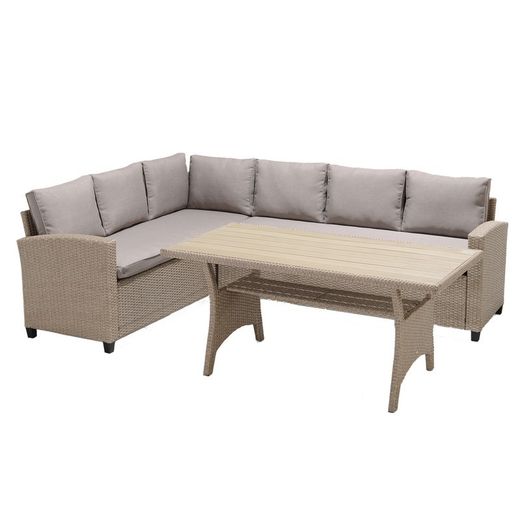 Conjunto de Jardín Sofá Rinconera y Mesa de Comedor de Acero y Ratan Sintético con Cojinería Beige