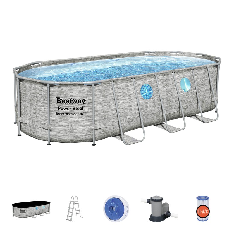 Removable Pool Tubular Oval Bestway Power Steel Rattan with Water Treatment Plant 549x274x122 cm 