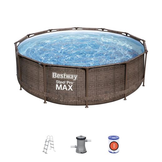 Abnehmbares Röhrenförmiges Pool Bestway Steel Pro Max Rattan-Design 366x100 cm mit Kartuschenreiniger 2.006 L/S mit Leiter